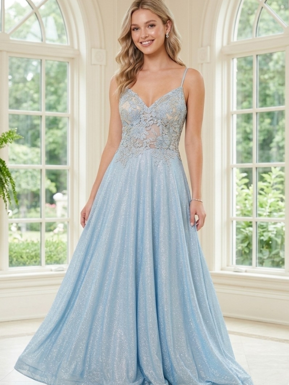 Light Blue Lace Appliqué A-Line Evening Dress